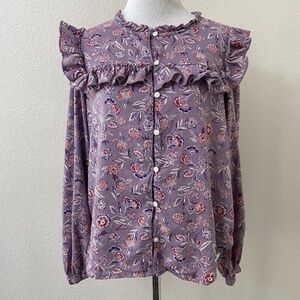Gap Blouse Top Size XS Purple Floral Ruffle Button Front